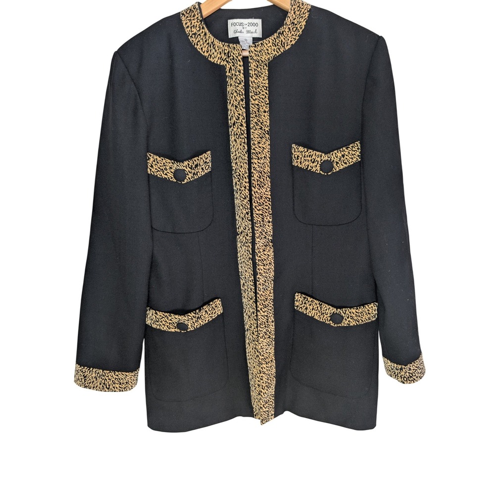 Focus 2000 Charles Glueck Wool‎ Leopard Print Trim Blazer Jacket Black Size 12
